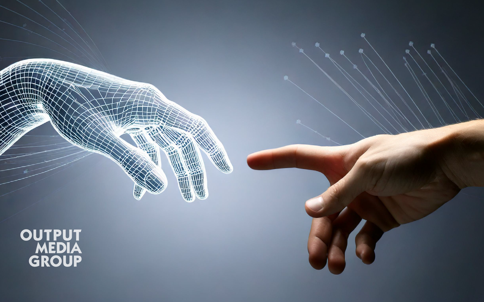 (Generado con IA) Mano digital en formato geométrico y una mano humana intentan tocarse.